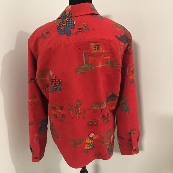 CHICO'S Red Faux Suede Chinese Scene Long Sleeve Blouse Jacket Sz 1 or Small - Picture 4 of 8